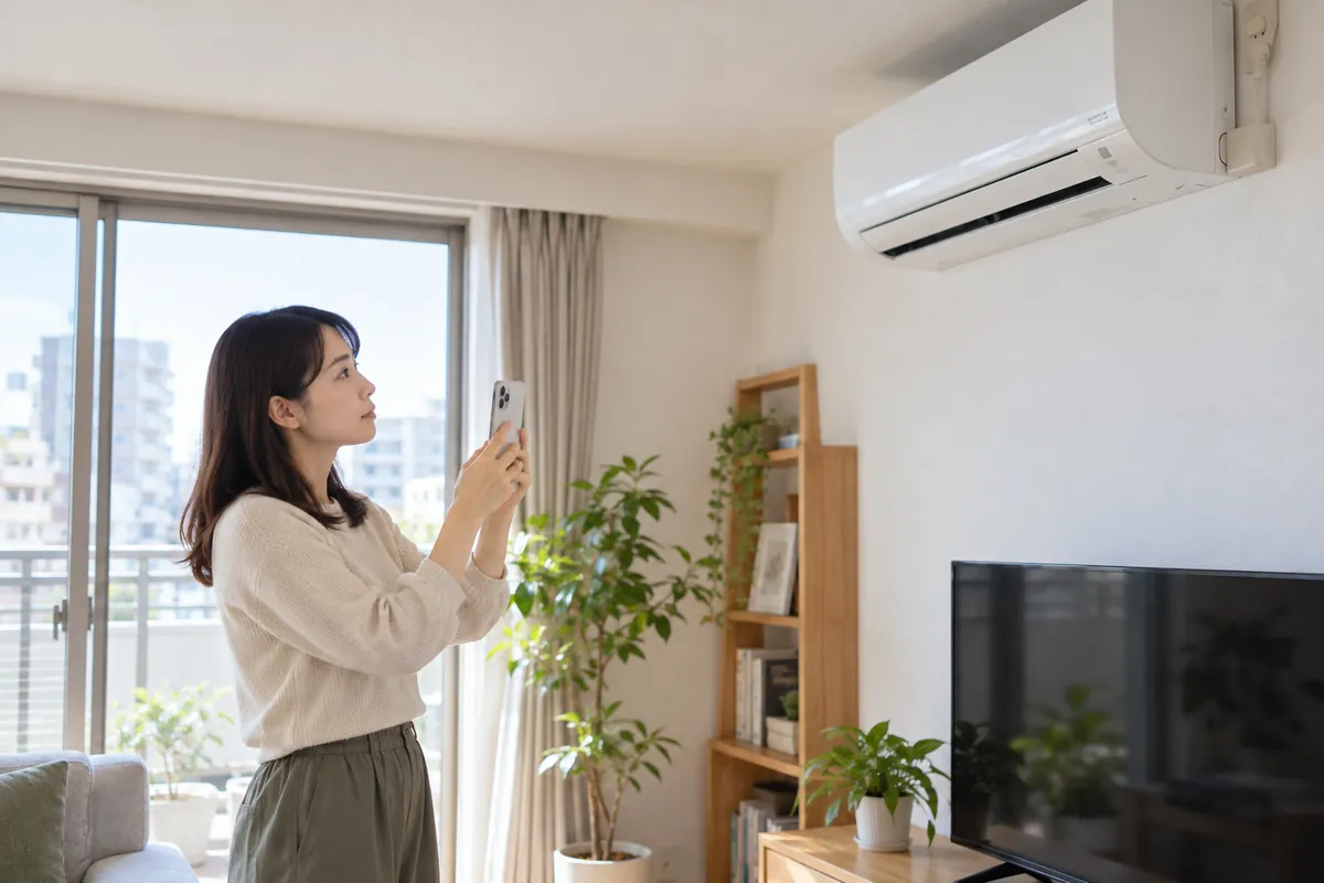 エアコンの状態を離れた場所から確認する人のイメージ